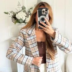 BLAZER BLEU CIEL CHOCO À CARREAUX