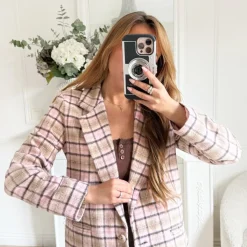 BLAZER ROSE À CARREAUX