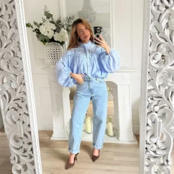 BLOUSE BLEUE RAYURES EFFET BOULE