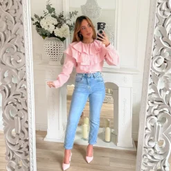 BLOUSE VOLANTS ROSE RAYURES