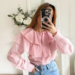 BLOUSE VOLANTS ROSE RAYURES