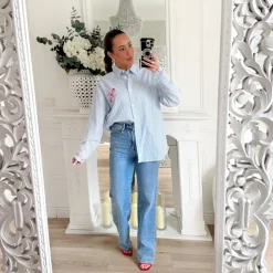 CHEMISE BLEUE RAYURES COEURS DANS LE DOS