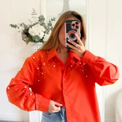 CHEMISE OVERSIZE ORANGE PERLES