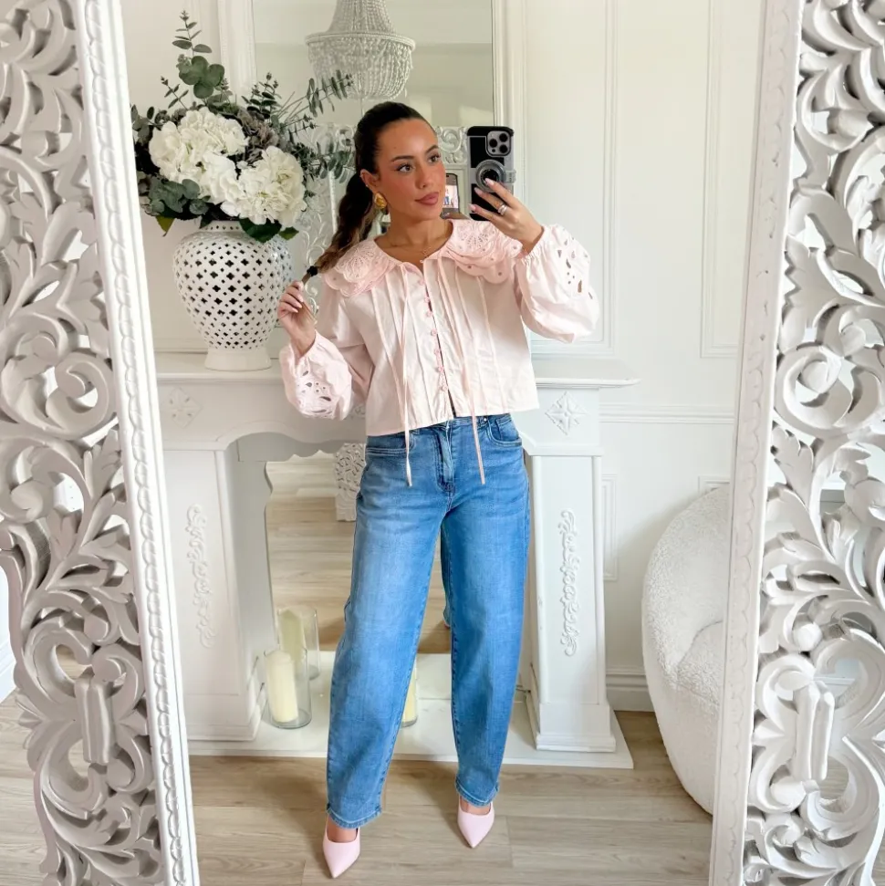 CHEMISIER ROSE PASTEL COL BRODERIE