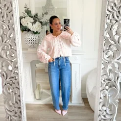 CHEMISIER ROSE PASTEL COL BRODERIE