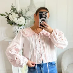 CHEMISIER ROSE PASTEL COL BRODERIE