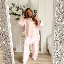 ENSEMBLE PANTALON PULL DENTELLE ROSE PASTEL ROSALIE