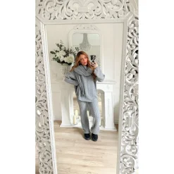 ENSEMBLE PANTALON PULL ET ÉCHARPE TORSADÉ GRIS EMMA