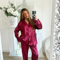ENSEMBLE PYJAMA SATIN BURGUNDY COEURS