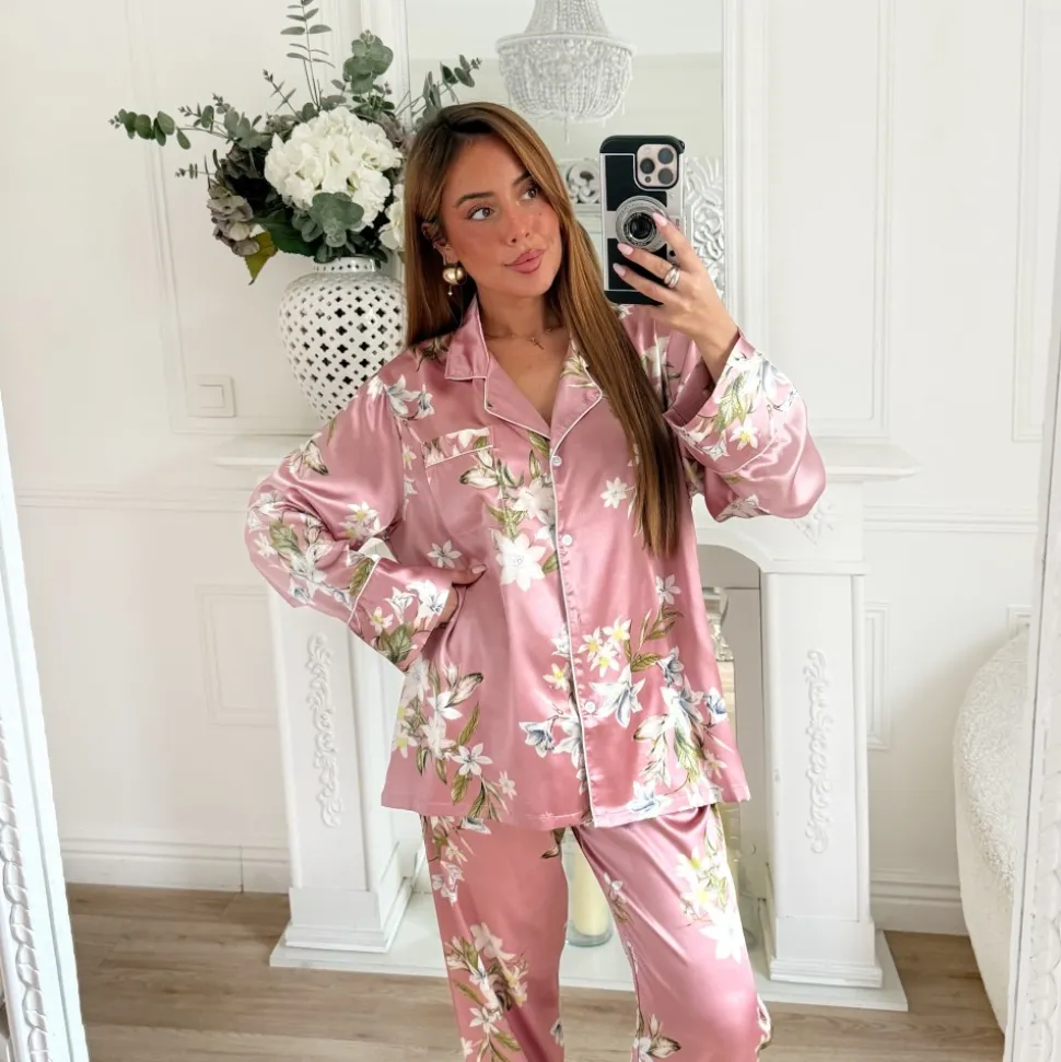 ENSEMBLE PYJAMA SATIN PINK FLEURI