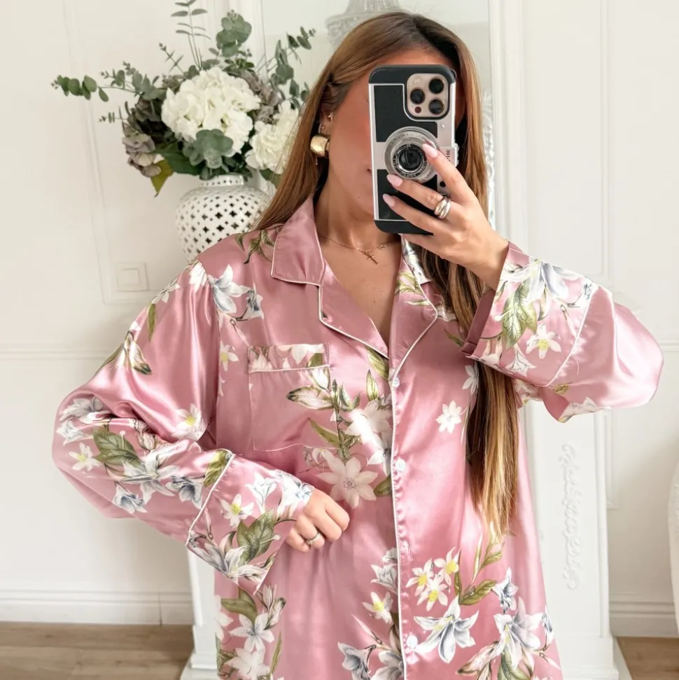 ENSEMBLE PYJAMA SATIN PINK FLEURI