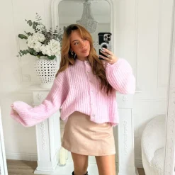 GILET ROSE MAILLE CÔTELÉE ORIANE