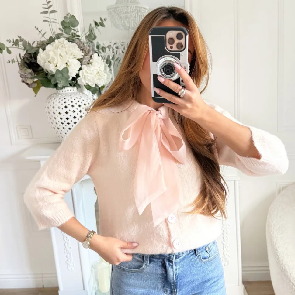 GILET ROSE PASTEL COL À NOUER