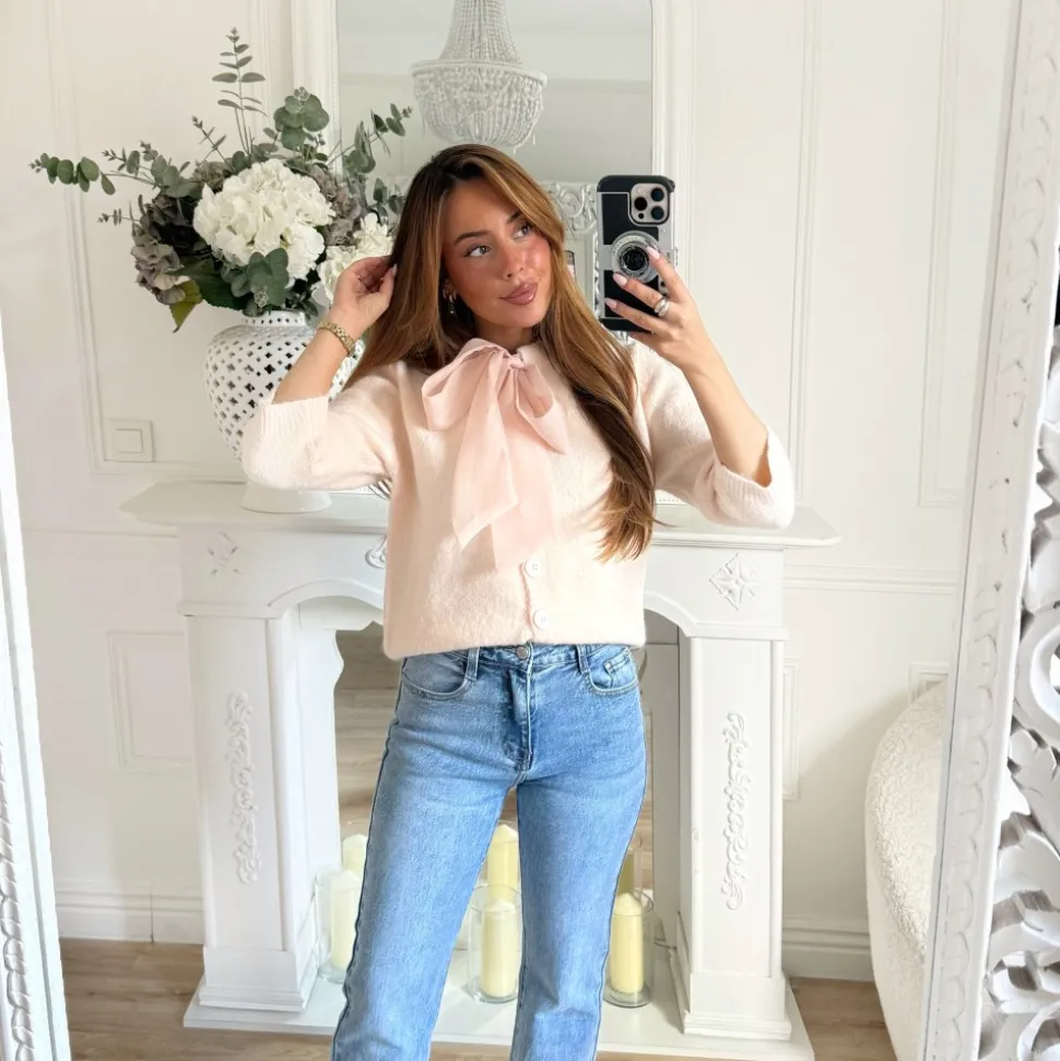 GILET ROSE PASTEL COL À NOUER