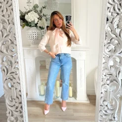 GILET ROSE PASTEL COL À NOUER