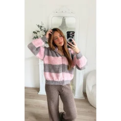 GILET TAUPE RAYURES PINK GAËLLE