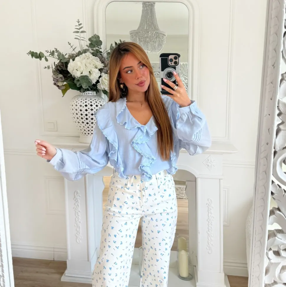 JEAN BLANC FLEURS BLEUES COUPE DROITE