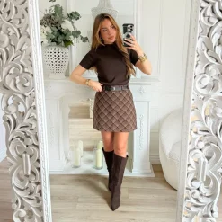 JUPE CARREAUX CHOCO AVEC CEINTURE IZIA