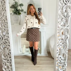 JUPE CARREAUX CHOCO AVEC CEINTURE IZIA