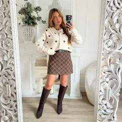 JUPE CARREAUX CHOCO AVEC CEINTURE IZIA