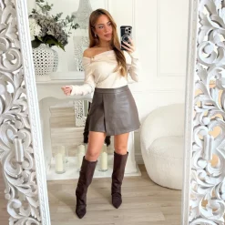 JUPE PORTEFEUILLE SIMILI CUIR CHOCO LYA