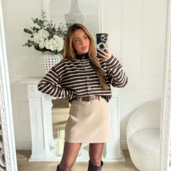 JUPE TAUPE AVEC CEINTURE CUIR ELIA