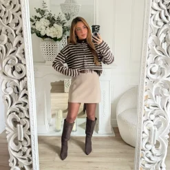JUPE TAUPE AVEC CEINTURE CUIR ELIA