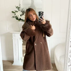 LONG MANTEAU CHOCO MANCHES ET COL FOURRURE JACQUELINE