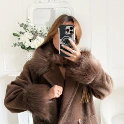 LONG MANTEAU CHOCO MANCHES ET COL FOURRURE JACQUELINE