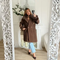 LONG MANTEAU CHOCO MANCHES ET COL FOURRURE JACQUELINE