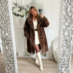 LONG MANTEAU FOURRURE CHOCO AVEC BOUTONS