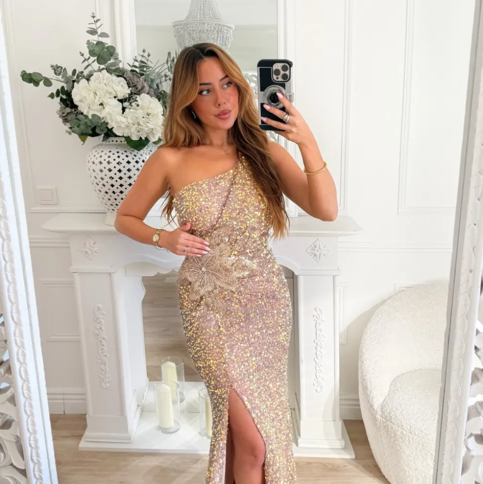 LONGUE ROBE ASYMÉTRIQUE ROSE GOLD SEQUINS