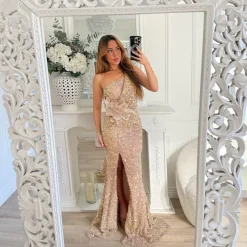 LONGUE ROBE ASYMÉTRIQUE ROSE GOLD SEQUINS