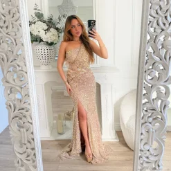LONGUE ROBE ASYMÉTRIQUE ROSE GOLD SEQUINS
