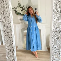 LONGUE ROBE DENIM OFFICIER BOUTONS DORÉS