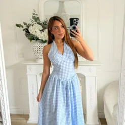 LONGUE ROBE DOS NU BLEUE VICHY