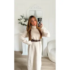 LONGUE ROBE PULL COL ROULÉ BEIGE DORIANE