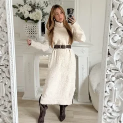 LONGUE ROBE PULL COL ROULÉ BEIGE DORIANE