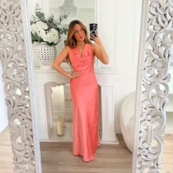 LONGUE ROBE SATIN CORAIL DOS NU