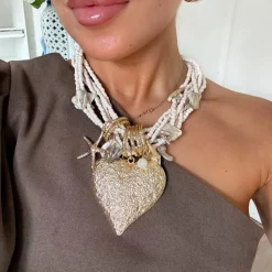 MAXI COLLIER PERLES ET COEUR BEIGE