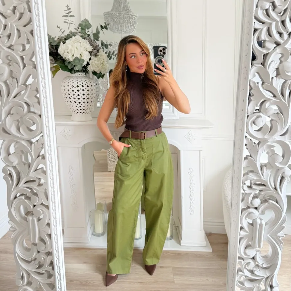 PANTALON BARREL OLIVE AVEC CEINTURE