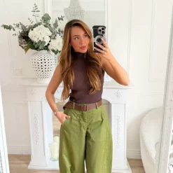 PANTALON BARREL OLIVE AVEC CEINTURE