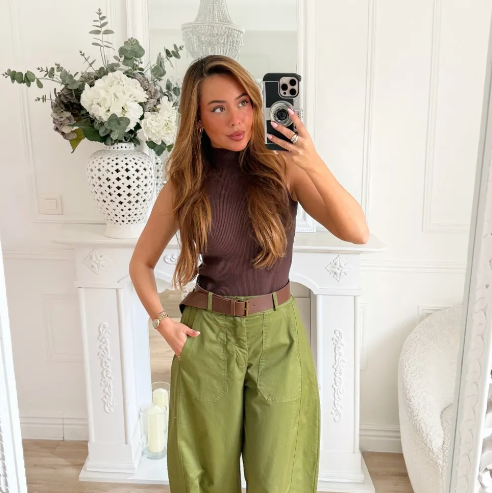 PANTALON BARREL OLIVE AVEC CEINTURE