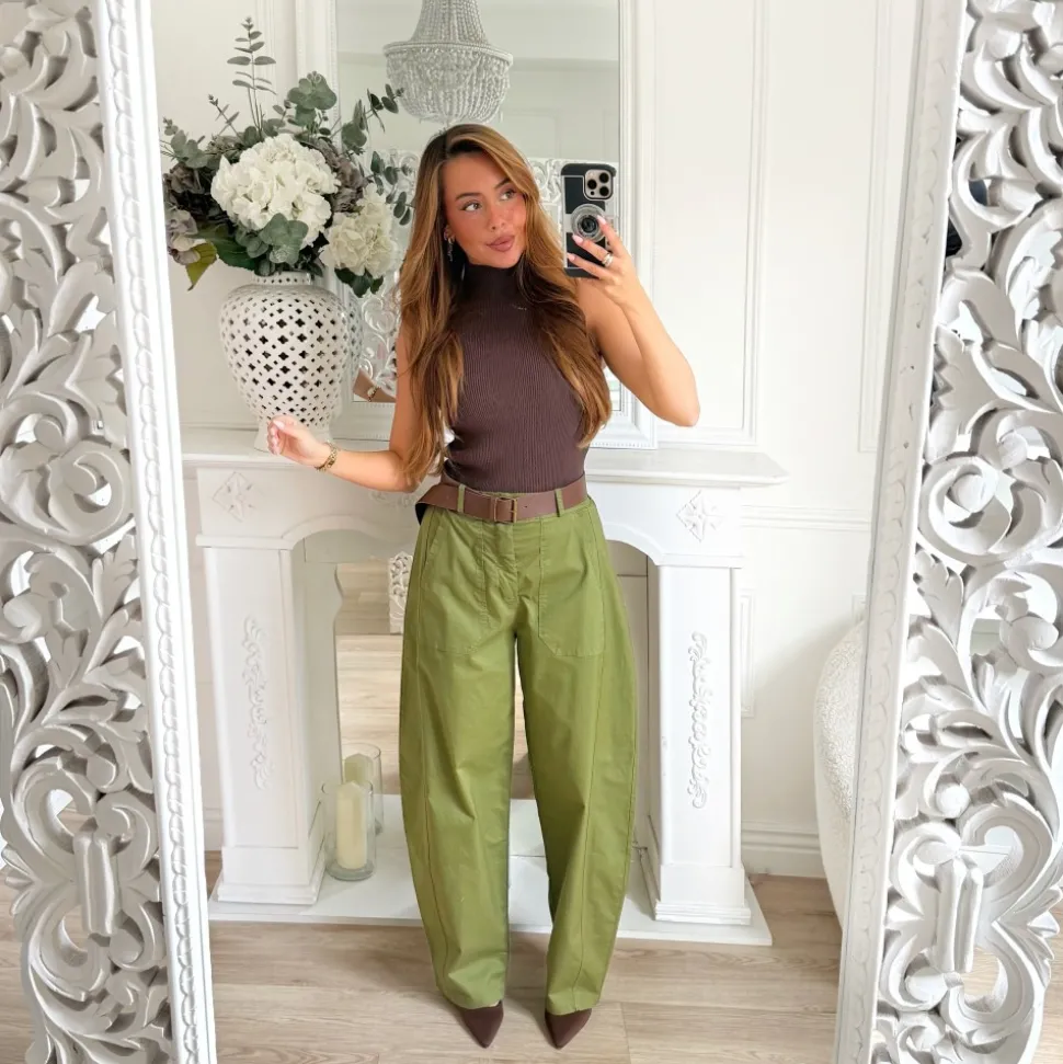 PANTALON BARREL OLIVE AVEC CEINTURE