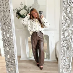 PANTALON BARREL SIMILI CUIR CHOCO