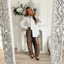 PANTALON BARREL SIMILI CUIR CHOCO