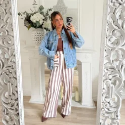 PANTALON EN LIN BEIGE RAYURES CHOCO