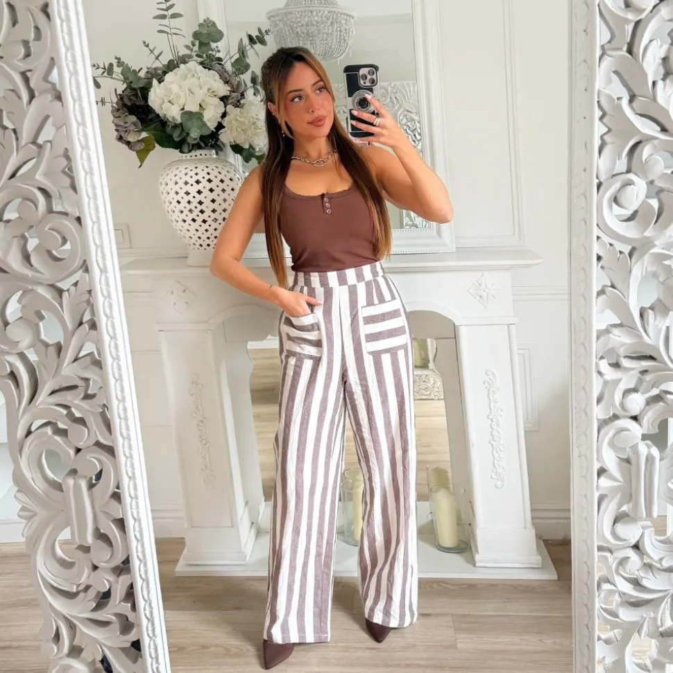 PANTALON EN LIN BEIGE RAYURES CHOCO