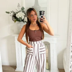 PANTALON EN LIN BEIGE RAYURES CHOCO