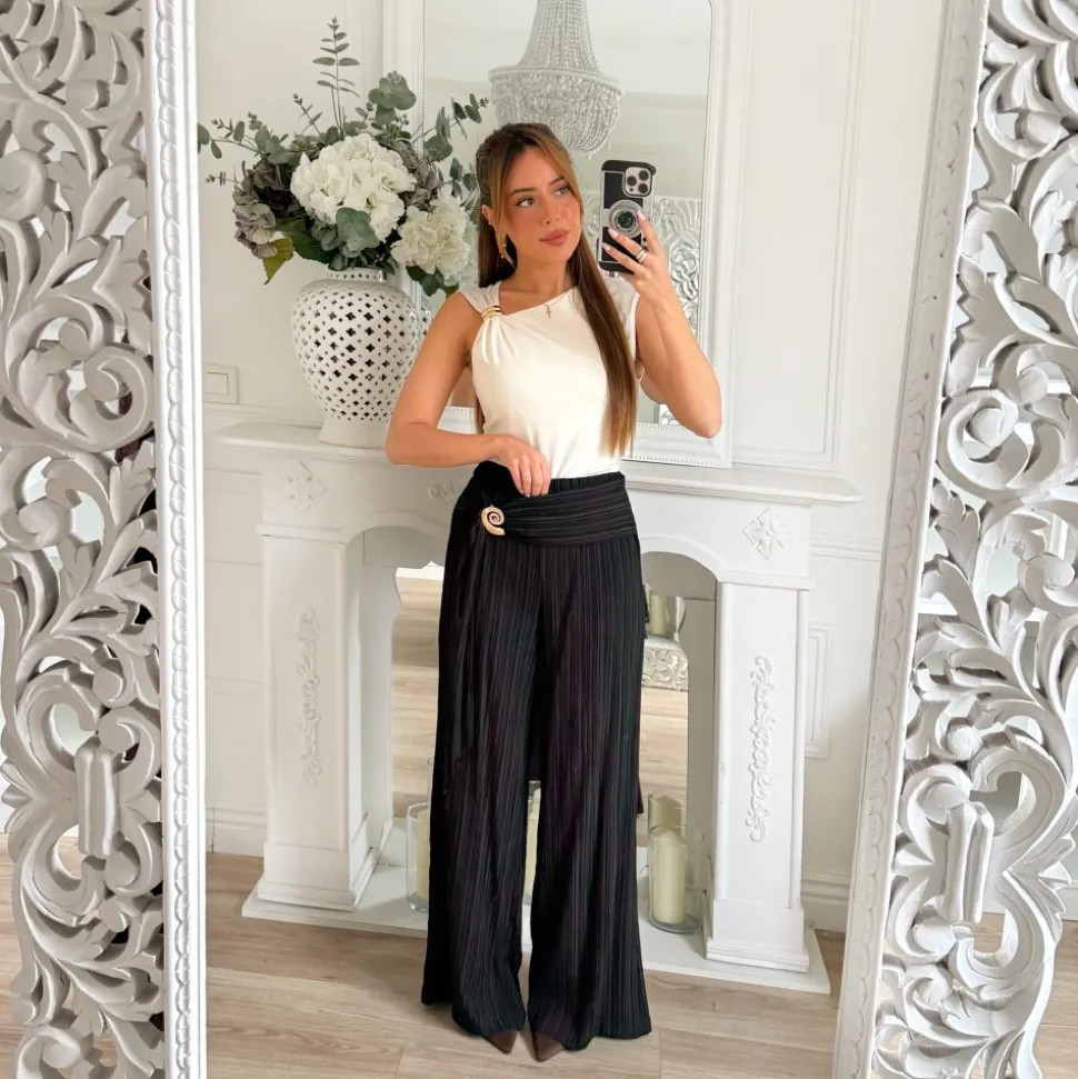 PANTALON FLUIDE PLISSÉ BLACK COQUILLAGE